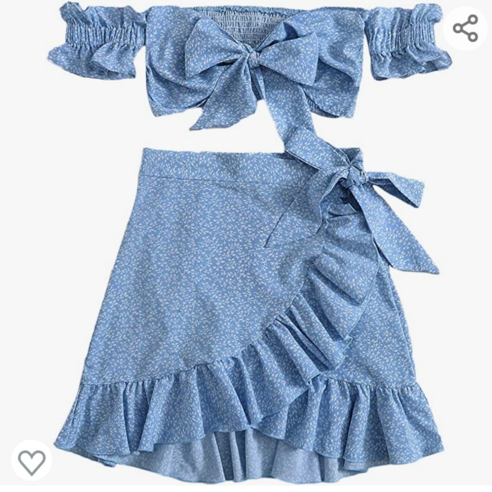 Two Piece Floral Set- Off The Shoulder Top and Ruffle Wrap Skirt